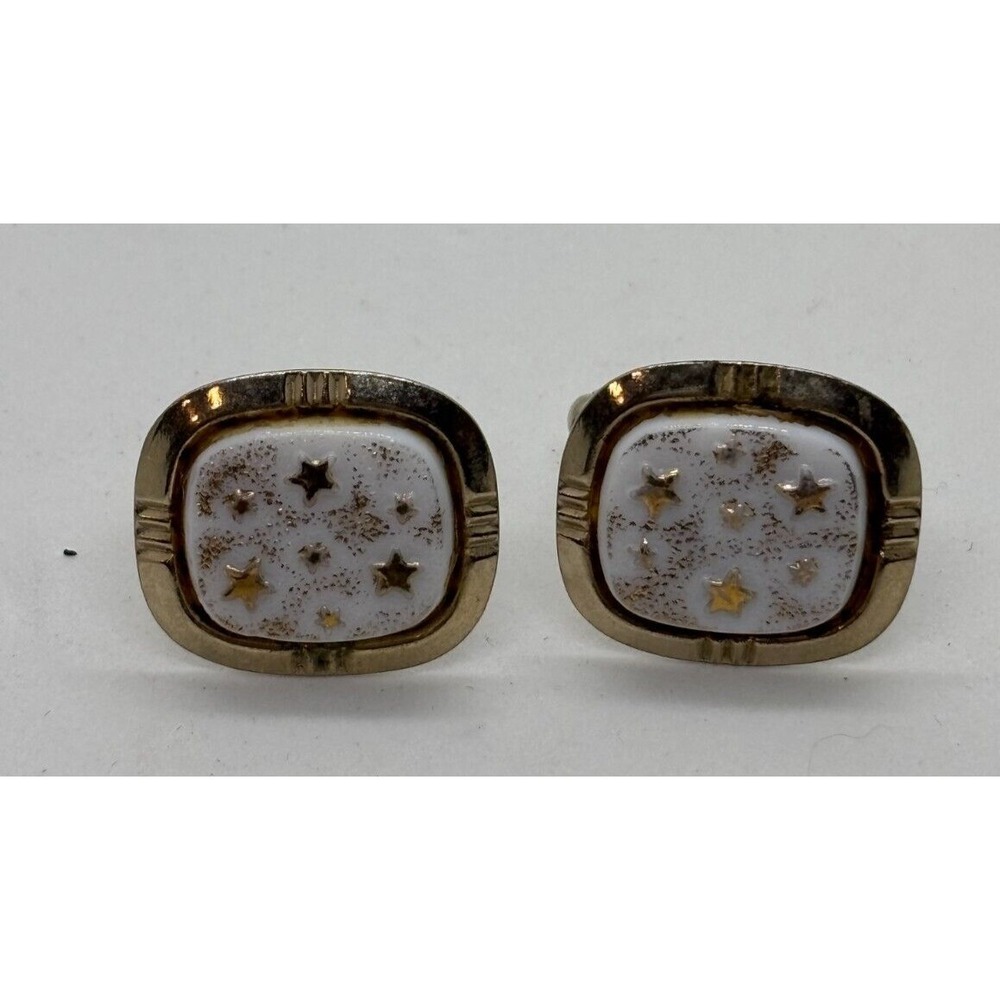 Vintage Tie Tack in Gold Tone Metal with White Stone Starbursts Signed M